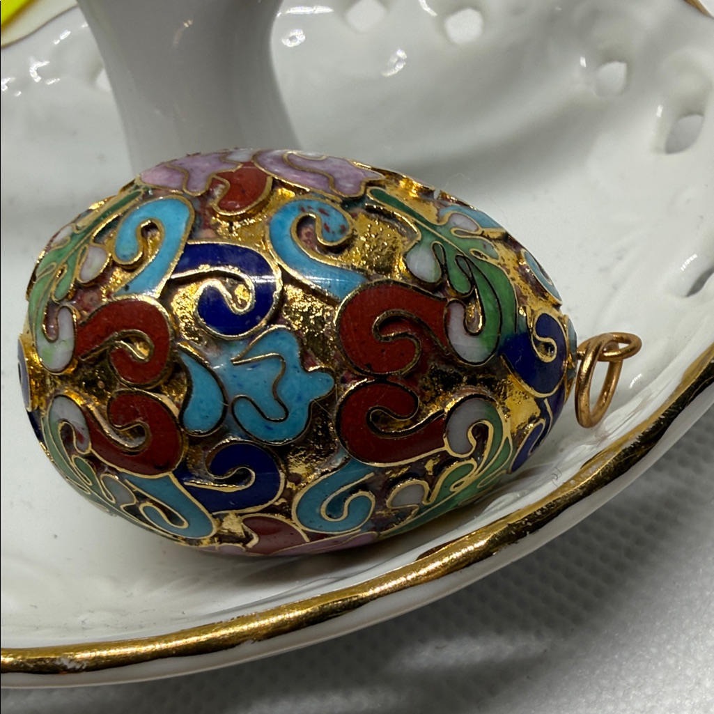 Beautiful Large Vintage Colorful Cloisonn Egg Pendant